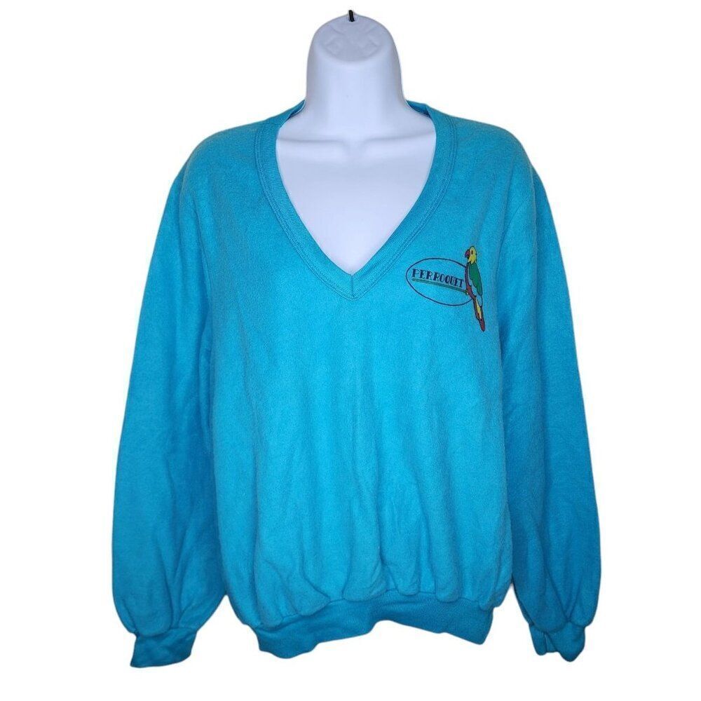 Vintage 80s Perroquet Parrot Fleece VNeck Sweatshirt Womens XL Turquoise Blue